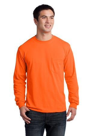 Gildan - Ultra Cotton 100% Cotton Long Sleeve T-Shirt with Pocket.  2410 Safety Orange