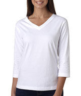 3577 LA T Ladies’ Combed Ring-Spun Jersey V-Neck 3/4-Sleeve T-Shirt White
