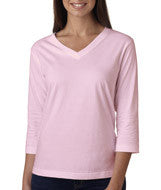 3577 LA T Ladies’ Combed Ring-Spun Jersey V-Neck 3/4-Sleeve T-Shirt Pink