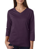 3577 LA T Ladies’ Combed Ring-Spun Jersey V-Neck 3/4-Sleeve T-Shirt Eggplant