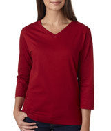 3577 LA T Ladies’ Combed Ring-Spun Jersey V-Neck 3/4-Sleeve T-Shirt Garnet