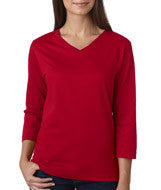 3577 LA T Ladies’ Combed Ring-Spun Jersey V-Neck 3/4-Sleeve T-Shirt Red