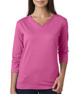 3577 LA T Ladies’ Combed Ring-Spun Jersey V-Neck 3/4-Sleeve T-Shirt Raspberry Sorbet