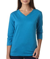 3577 LA T Ladies’ Combed Ring-Spun Jersey V-Neck 3/4-Sleeve T-Shirt Turquoise