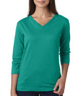 3577 LA T Ladies’ Combed Ring-Spun Jersey V-Neck 3/4-Sleeve T-Shirt Jade