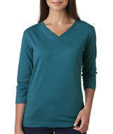 3577 LA T Ladies’ Combed Ring-Spun Jersey V-Neck 3/4-Sleeve T-Shirt Teal