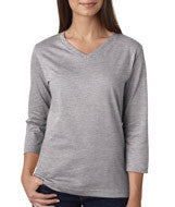 3577 LA T Ladies’ Combed Ring-Spun Jersey V-Neck 3/4-Sleeve T-Shirt Heather (93/7)