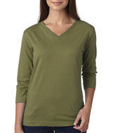 3577 LA T Ladies’ Combed Ring-Spun Jersey V-Neck 3/4-Sleeve T-Shirt Olive