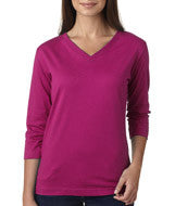 3577 LA T Ladies’ Combed Ring-Spun Jersey V-Neck 3/4-Sleeve T-Shirt Fuchsia