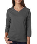 3577 LA T Ladies’ Combed Ring-Spun Jersey V-Neck 3/4-Sleeve T-Shirt Charcoal
