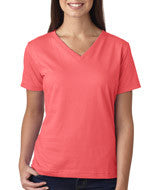 3587 LA T Ladies’ Combed Ring-Spun Jersey V-Neck T-Shirt Coral