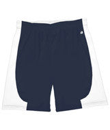 4113 Badger B-Core "Turn 2" Ladies Color Block 6" Athletic Shorts Navy/ White