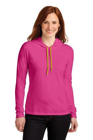 Anvil Ladies 100% Ring Spun Cotton Long Sleeve Hooded T-Shirt. 887L Hot Pink/ Neon Yellow