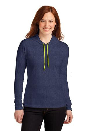 Anvil Ladies 100% Ring Spun Cotton Long Sleeve Hooded T-Shirt. 887L Heather Blue/ Neon Yellow
