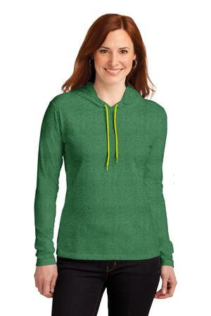 Anvil Ladies 100% Ring Spun Cotton Long Sleeve Hooded T-Shirt. 887L Heather Green/ Neon Yellow