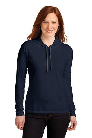 Anvil Ladies 100% Ring Spun Cotton Long Sleeve Hooded T-Shirt. 887L Navy/ Dark Grey