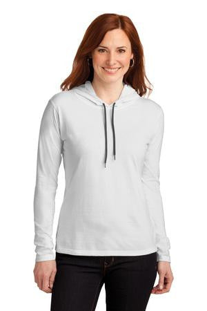 Anvil Ladies 100% Ring Spun Cotton Long Sleeve Hooded T-Shirt. 887L White/ Dark Grey