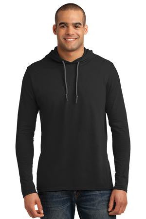 Anvil 100% Ring Spun Cotton Long Sleeve Hooded T-Shirt. 987 Black/ Dark Grey
