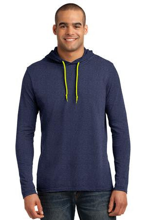 Anvil 100% Ring Spun Cotton Long Sleeve Hooded T-Shirt. 987 Heather Blue/ Neon Yellow