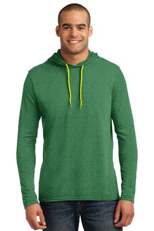 Anvil 100% Ring Spun Cotton Long Sleeve Hooded T-Shirt. 987 Heather Green/ Neon Yellow