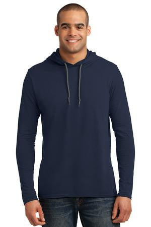 Anvil 100% Ring Spun Cotton Long Sleeve Hooded T-Shirt. 987 Navy/ Dark Grey