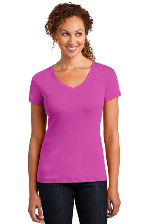 District Made Ladies Mini Rib V-Neck Tee. DM401 Pink raspberry