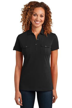 District Made Ladies Jersey Double Pocket Polo. DM433 Black