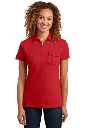District Made Ladies Jersey Double Pocket Polo. DM433 a Classic red