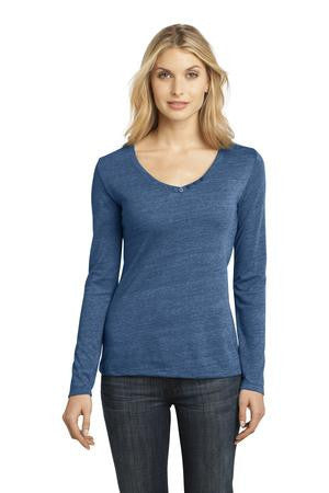 District Made - Ladies Textured Long Sleeve V-Neck with Button Detail. DM472 Denim blue