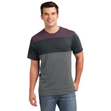District Young Mens Tri-Blend Pieced Crewneck Tee. DT143 Maroon Heather/ Charcoal Heather/ Grey Heather