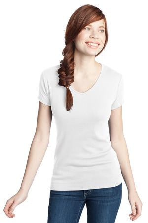 District - Juniors 1x1 Rib V-Neck Tee. DT234V Bright white