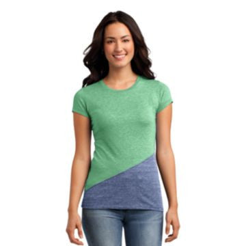 District Juniors Tri-Blend Pieced Crewneck Tee. DT243 Green Heather/ Navy Heather