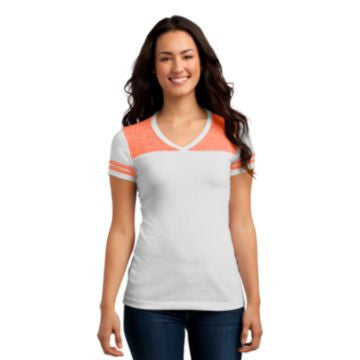 District Juniors Varsity V-Neck Tee. DT264 White/ Bright Orange