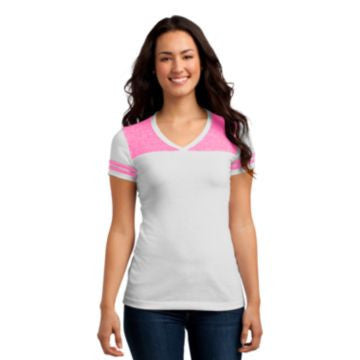 District Juniors Varsity V-Neck Tee. DT264 White/ Bright Pink