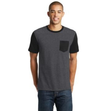 District Young Mens Very Important Tee with Contrast Sleeves and Pocket. DT6000SP Heathered Charcoal/ Black