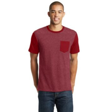 District Young Mens Very Important Tee with Contrast Sleeves and Pocket. DT6000SP Heathered Red/ Classic Red