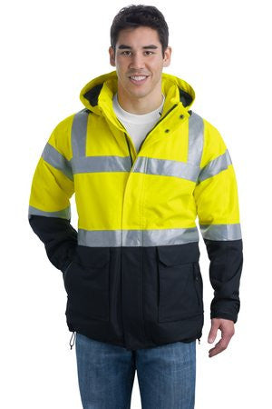 Port Authority ANSI 107 Class 3 Safety Heavyweight Parka. J799S Safety Yellow/ Black/Reflective