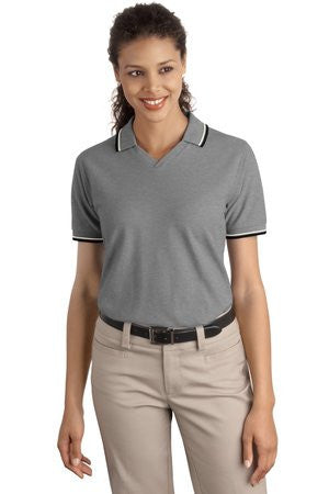 Port Authority Ladies Cool Mesh  Polo with Tipping Stripe Trim.  L431 Oxford heather/ ivory/black