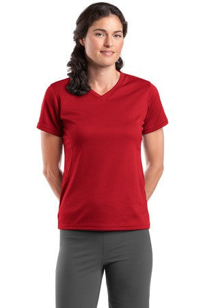 Sport-Tek Dri-Mesh Ladies V-Neck T-Shirt.  L468V Red