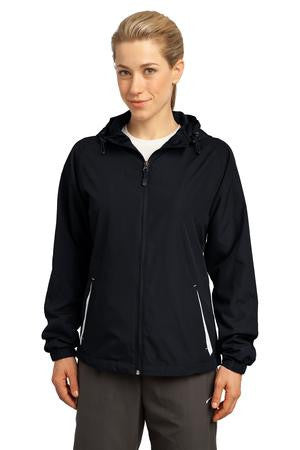 Sport-Tek Ladies Colorblock Hooded Raglan Jacket. LST76 Black/white