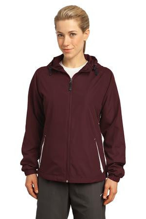 Sport-Tek Ladies Colorblock Hooded Raglan Jacket. LST76 Maroon/white