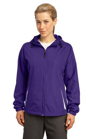 Sport-Tek Ladies Colorblock Hooded Raglan Jacket. LST76 Purple/white