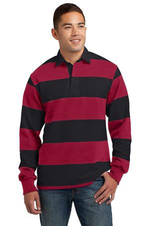 Sport-Tek Long Sleeve Rugby Polo. ST300 Black/ deep red