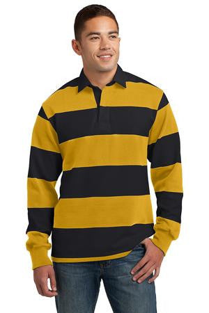 Sport-Tek Long Sleeve Rugby Polo. ST300 Black/ gold