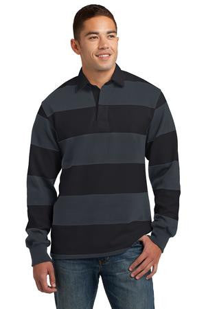 Sport-Tek Long Sleeve Rugby Polo. ST300 Black/ graphite grey