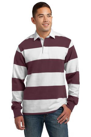 Sport-Tek Long Sleeve Rugby Polo. ST300 Maroon/ white