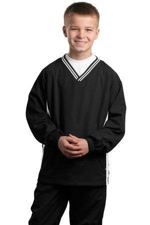 Sport-Tek Youth Tipped V-Neck Raglan Wind Shirt. YST62 Black/white