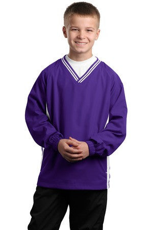 Sport-Tek Youth Tipped V-Neck Raglan Wind Shirt. YST62 Purple/white